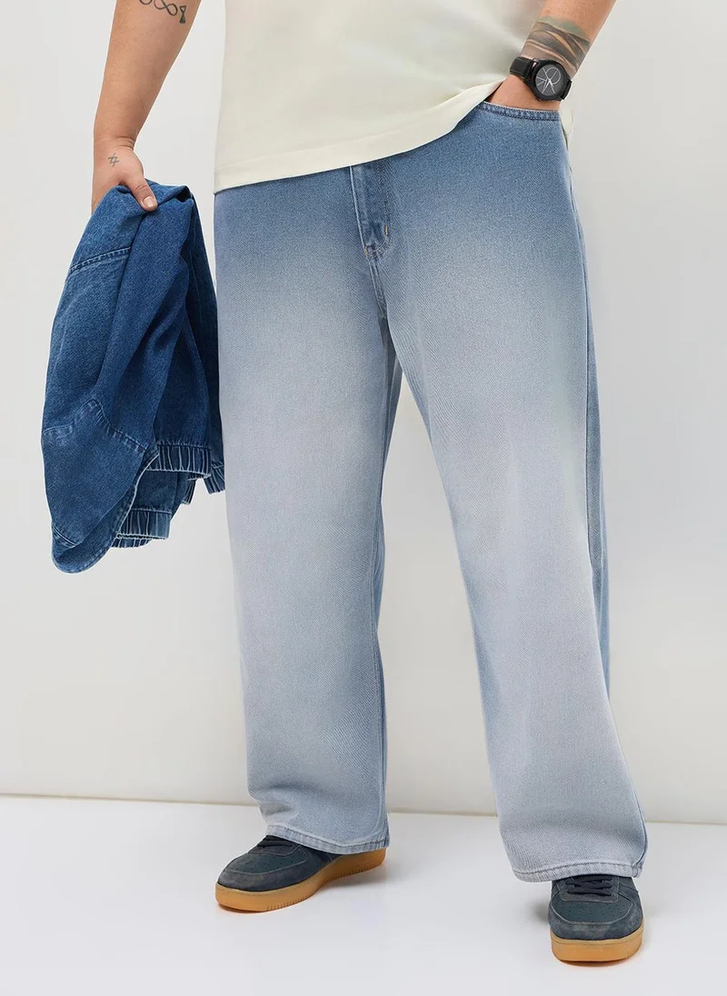 أوربانو فاشن Urbano Plus Men's Light Blue Loose Baggy Fit Heavy Washed Faded Denim Jeans Non-Stretchable